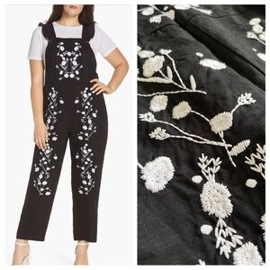 Anthropologie Dolan Black white floral jumpsuit overalls embroidered ruffle S